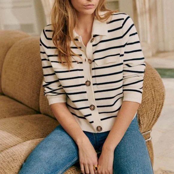 Sezane Betty Cardigan Ecru / Marine. - Size S - Picture 1 of 5